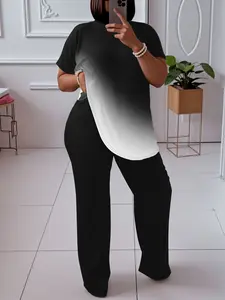 Women's Plus-Size Chic Fashion 2-Piece Clothes Set, Black-and-White Gradient Short-Sleeve Top & Loose-Fit Wide-Leg Pants, Comfortable Polyester Fabric, Machine Washable, Ideal for Everyday & Casual Summer Wear