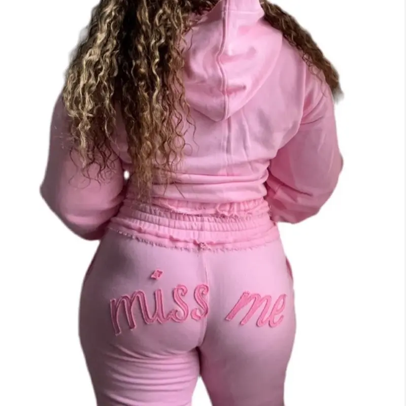 Pink Womenswear 2-piece set Cropped Hoodie and Sweatpants Set  tracksuit with "Miss Me" Design, Long Sleeve Top - Curvy/Plus size