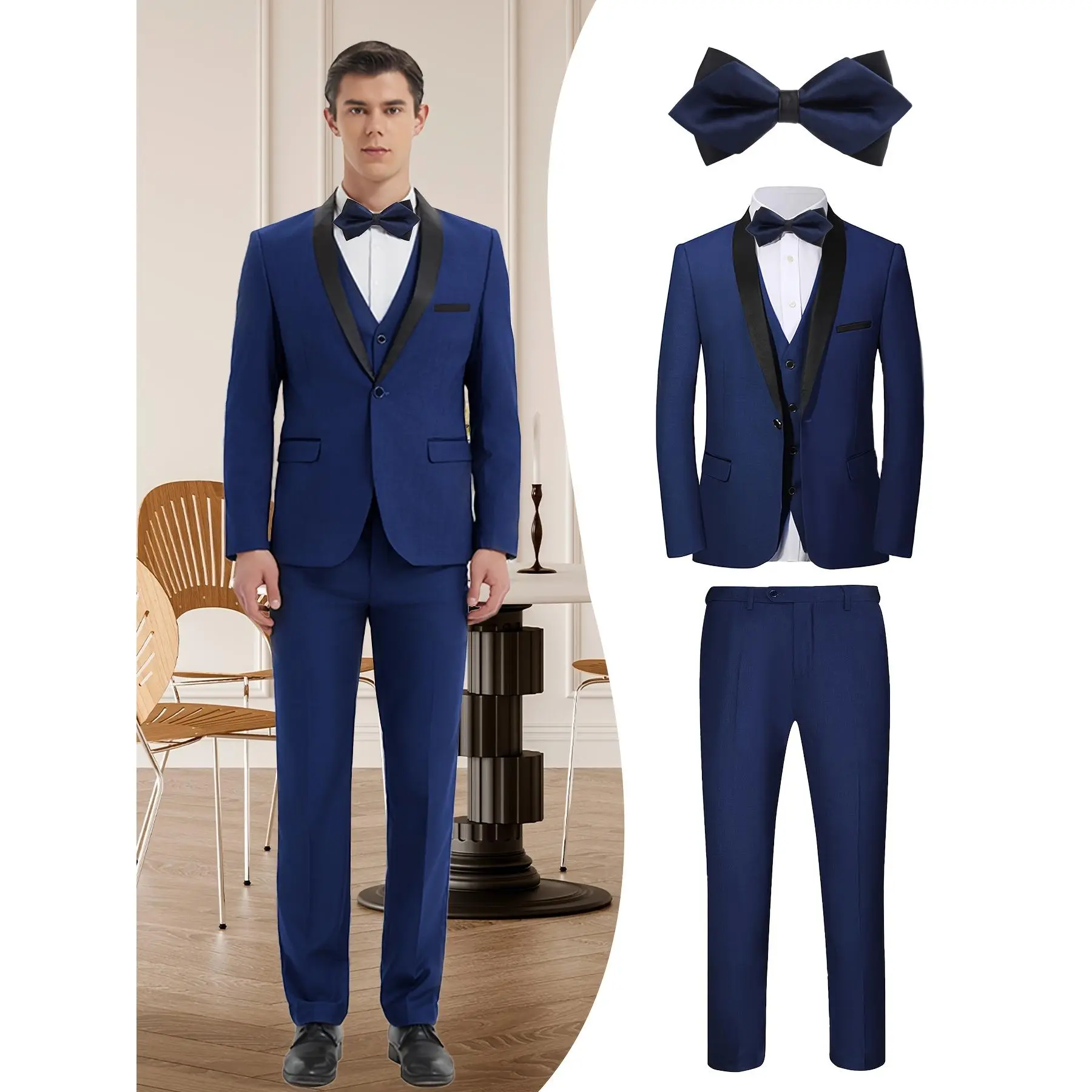 Men's 4-Piece Plain Long Sleeve Executive Tailcoat Suit Set - Jacket, Vest, Pants, Blue Bow Tie | Premium Menswear Formal & Casual Wear for Groom, Special Events, Clothes, Buttons, Minimalist, Rayon