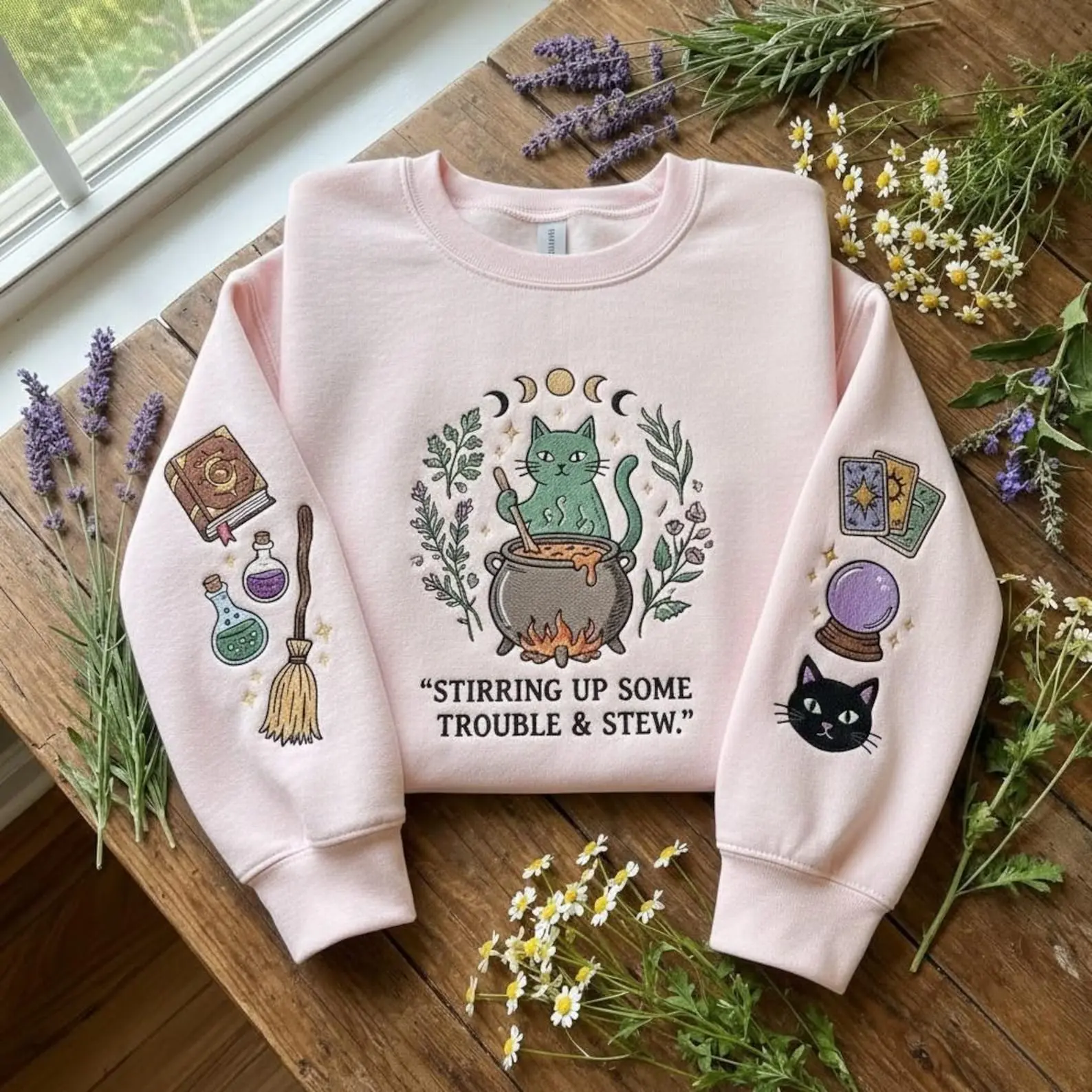 Embroidered Stirring Up Some Trouble & Stew Crewneck, Witchy Cat Embroidered Sweatshirt, Fantasy Lovers Clothing Gift