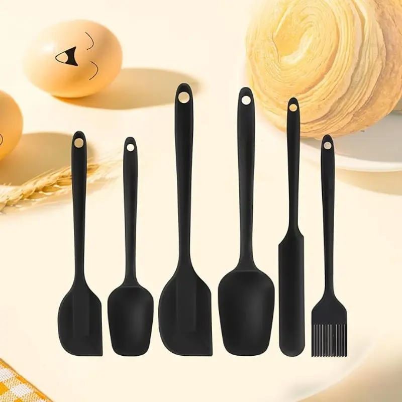 6-Piece Non-Stick Silicone Spatula Set - Seamless Rubber Utensils for Cake Baking, Mixing, Serving, Heat-Resistant, Dishwasher-Safe Durable Kitchen Utensils Set, Black Durable Kitchenware