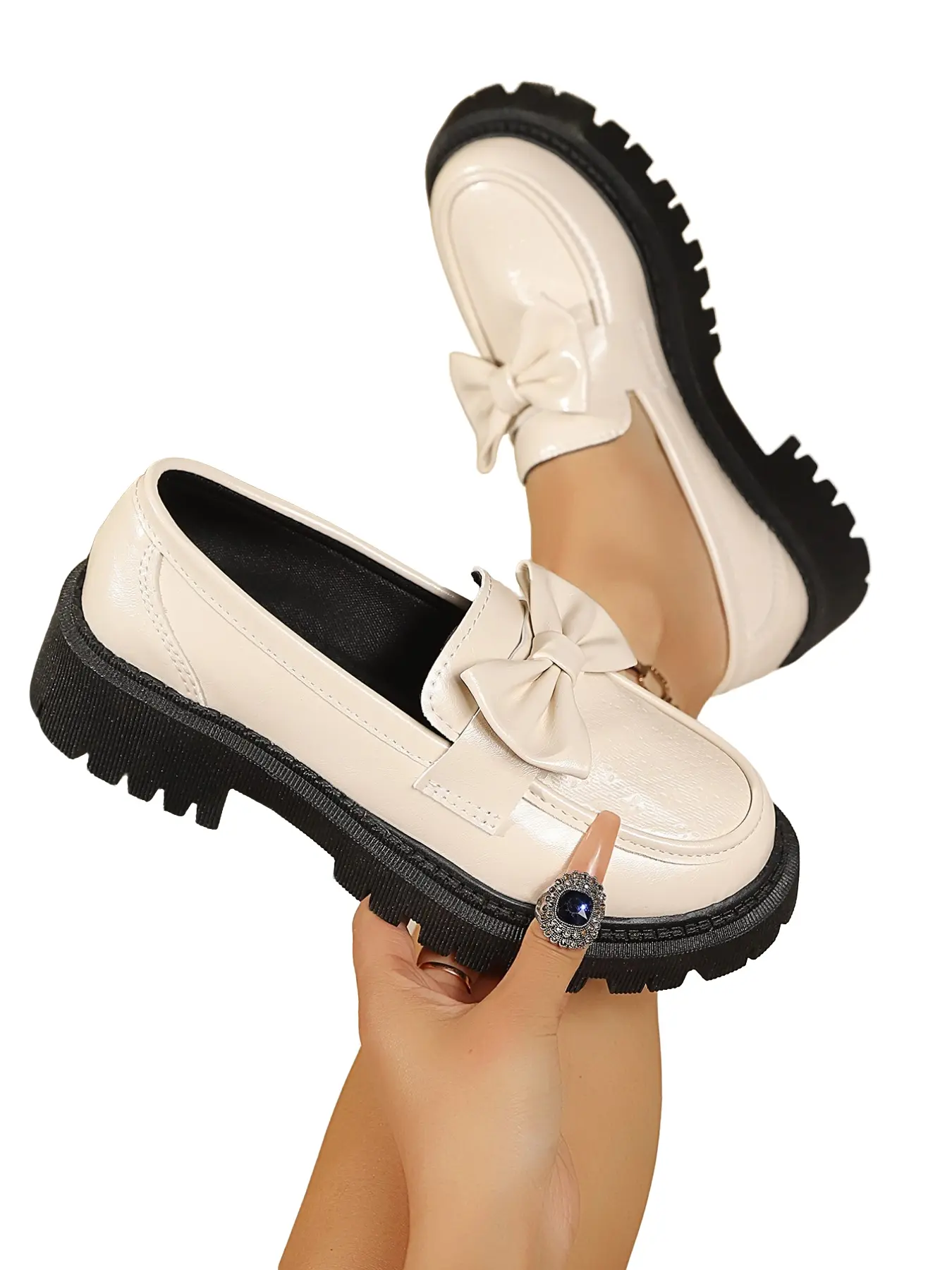New Four-Season Round Toe Sweet Bow High Heel Comfortable Fashion Flatform Loafers, Preppy Style PU Leather Shoes for Women