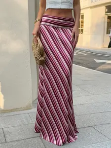 Women Multicolor Striped Maxi Skirt High Waist Satin Long Skirt Slim Fit Flowy Bodycon Skirt Elegant Summer Vacation Beach Skirt Y2K Streetwear Casual Going Out Outfit Chic Boho Bohemian Vintage Long Skirt for Women Street Fashion Skirt