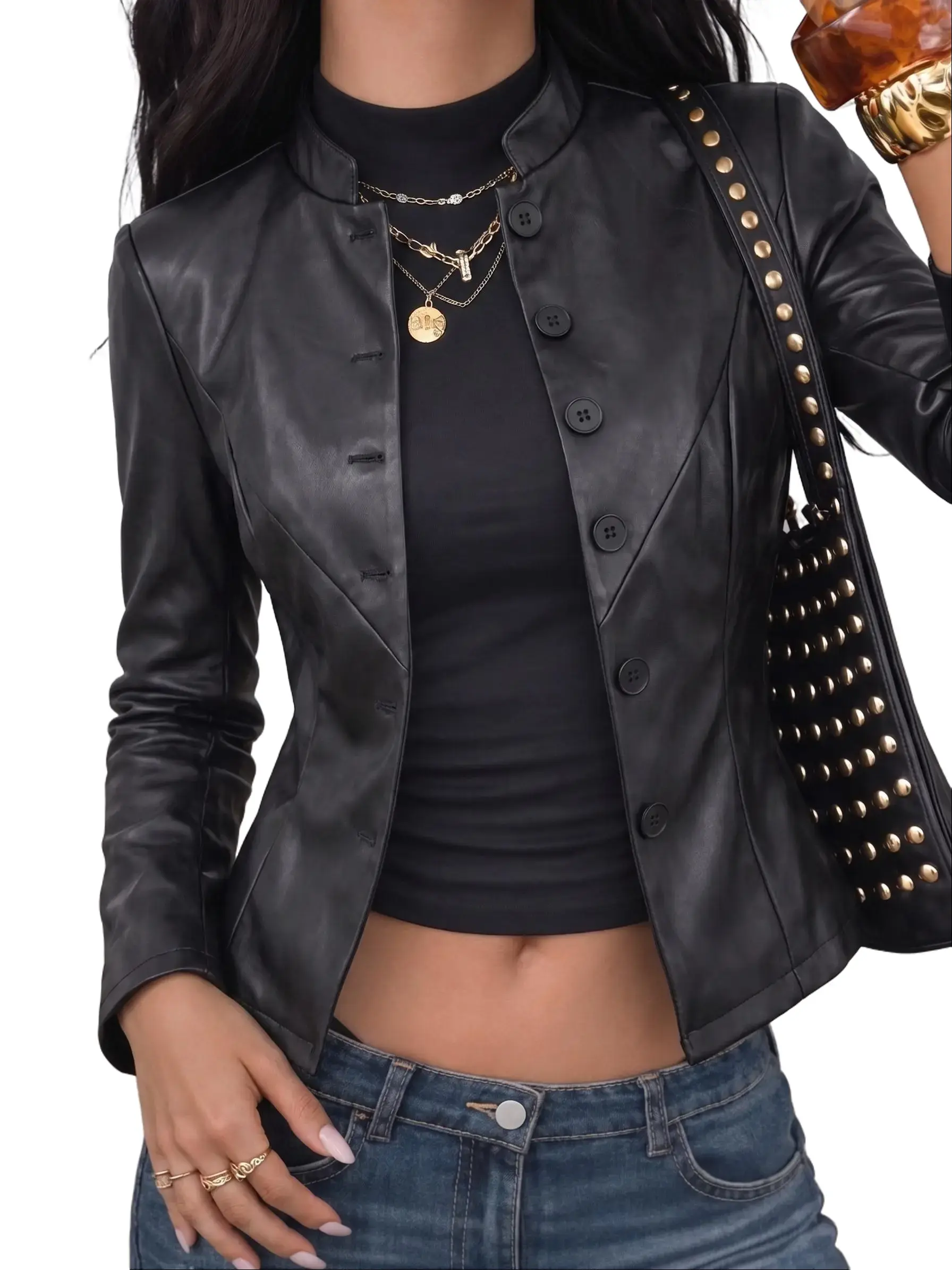 Women's Biker Jacket in Soft Faux Leather Fabric, Lightweight Fitted Button-Up Moto Coat with a Stand Collar for Spring, Piece