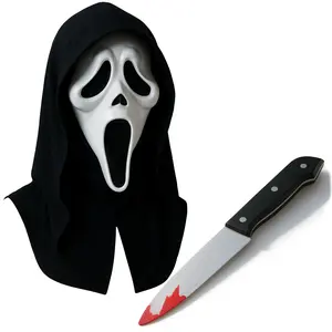 Screamer Ghost Latex Hooded Mask + Bloody Knife Prop | Ultimate Horror Halloween Costume Set, Adult Screamer Mask & Slasher Knife Plastic