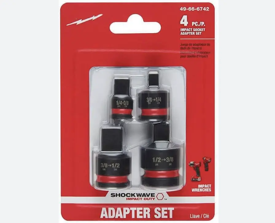 Milwaukee 4-Pc Impact Socket Adapter Set (49-66-6742) - 1/4 in. to 1/2 in., Torque-Ready, Groove Design, Dual Hole Attachment, Forged Steel, Ball Detent Hold, Laser Etch Fast ID Markings, ASME-Compliant Hand Tool