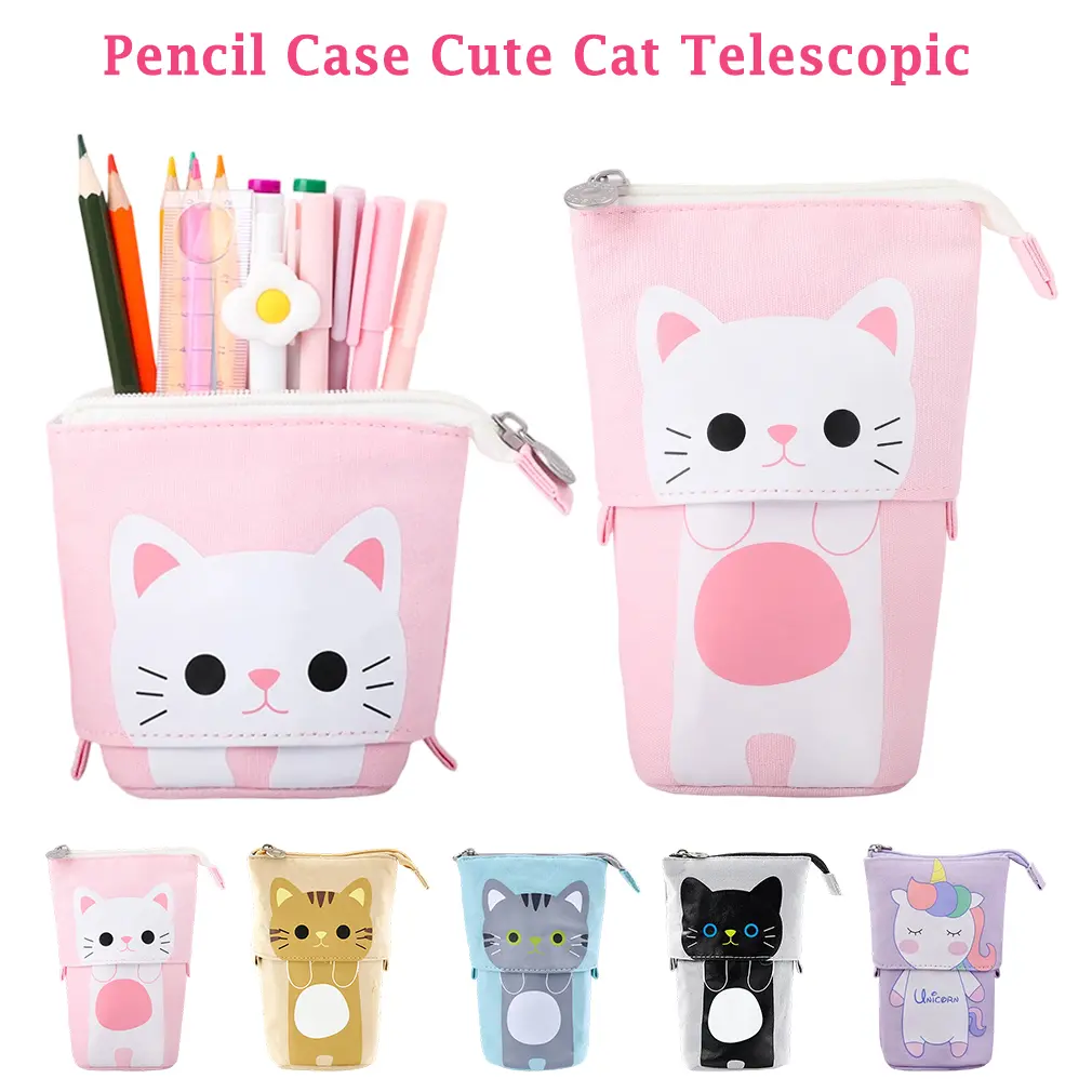 Standing Pencil Pouch Pencil Case Cute Cat Telescopic with Zipper Canvas Kwaii Cartoon Pencil Bag Stationery Box for Kids Girls Boys School Supplies 7.5 x 4.9 x 3.0inch/4.1x 3.0inch