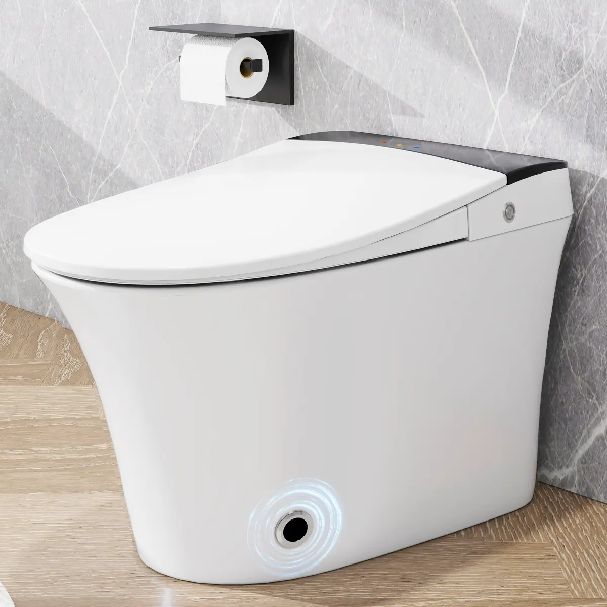 [Bellemave] Heated Seat Smart Toilet, One Piece Toilet, Automatic Flush Tankless Toilet, with Foot sensor Flush, Blue Night Light, Knob Control, Power Outage Flushing, Soft Close Cover,White