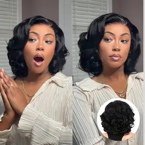 [$79] QTHAIR 250% density Wig Pre-Layered Cut Loose Wave Wig Mature Boss Natural Black Short Wig Blow out Bouncy Curly Wig 13x4 HD Lace Front Human Hair Wig For Black Women High-Quality Hair French Curl, Lace Frontal Wig #SummerVibes