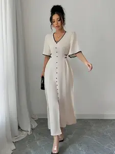 Women's Contrast Binding V Neck Dress, Elegant Fashion Casual Dress for Daily Outdoor Wear, Summer Clothes Women