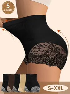 5-Pack MEIYATING Lace Trim High-Waist Fitted Smooth Shapewear Panties, Seamless Control Top, Sizes S-Xxl, Multi Colors Available, All Seasons Wear