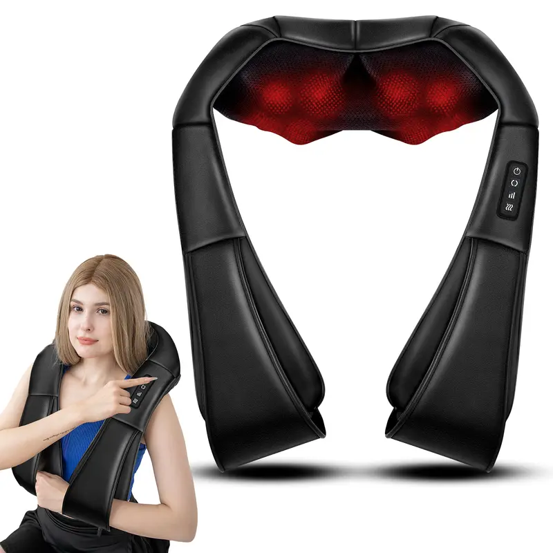 Shiatsu Neck Shoulder Back Massager - Neck Shoulder Relaxer, 16 Deep Kneading Modes, Heat, Adjustable Vibration Intensity, Durable Handle, Plug-In with AC/Car Adapter, Portable Deep Tissue Pain Relief, Self Care Products for Adults (Car & Home Use),techvi