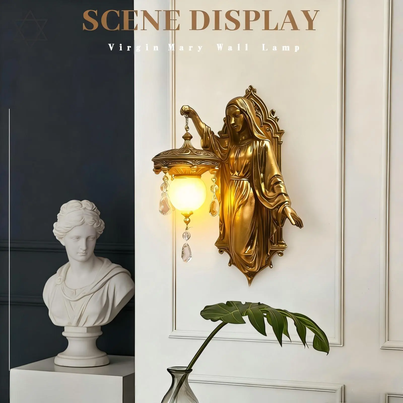 Virgin Mary Wall Sconce - Battery Powered Cordless Wall Light, Vintage Style Resin Lamp for Bedroom, Living Room, Home & Garden Decor, Perfect Gift for Women
