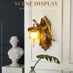 Virgin Mary Wall Sconce - Battery Powered Cordless Wall Light, Vintage Style Resin Lamp for Bedroom, Living Room, Home & Garden Decor, Perfect Gift for Women