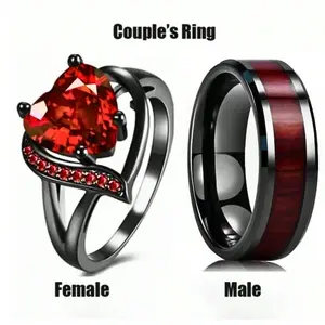 Fashionable Red Heart Couple Rings - Elegant Sparkling CZ Engagement Rings for Women & Simple Wedding Rings for Men, Valentine's Day Gift