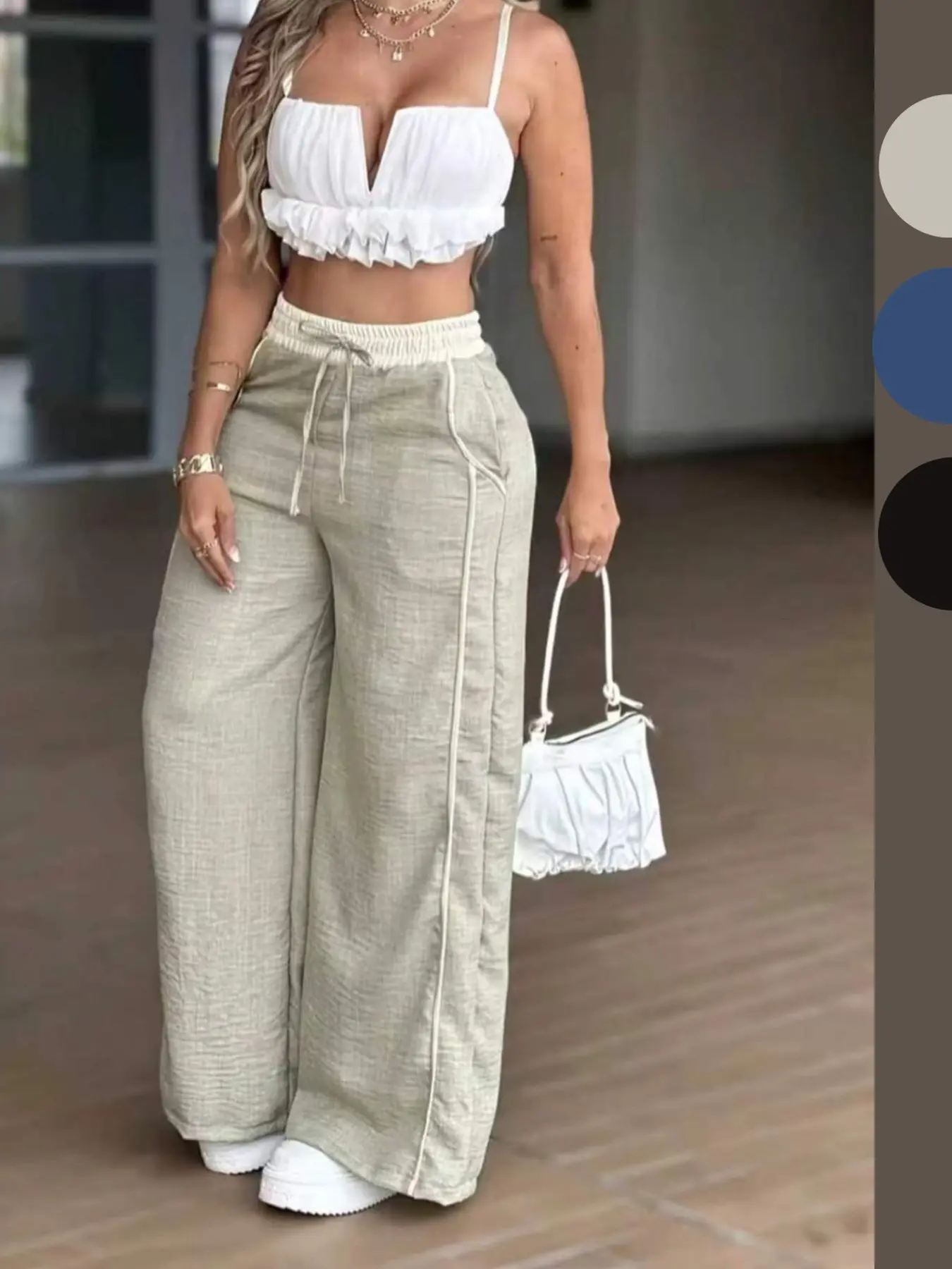 Women's High-Waisted Wide-Leg Bottom Pants, Loose Fit Baggy Drop Waist Button Design, Striped Pattern, Spring & Fall Season, Chic Minimalist Casual Daily Wear