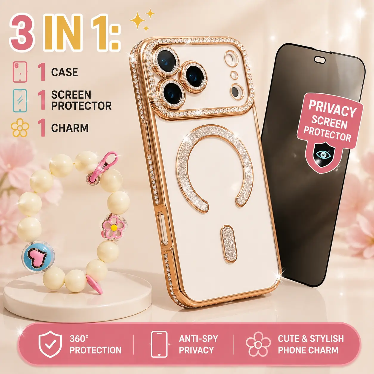 3 in 1: 1 case 1 anti-spy screen protector 1 chain Rinestone Magnetic Glitter Case for iPhone 17 Pro Max 17Pro 17Air 17, 16 15 14 13 12 [Compatible with MagSafe] Military-Grade Protection, Clear Cute Glitter Bling Cover Sparkle Diamond for Women Girls