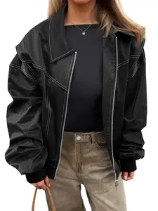 Tankaneo Womens Oversized Leather Bomber Jackets Cap Sleeve Zip Up Motorcycle Coats with Pockets