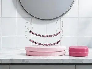 Colorful Metal Dental Braces Set,2-Piece Temporary Fake Braces Set, featuring metal wires, brackets and orthodontic bands in pink. Designed for dental student practice and orthodontic demonstration use.