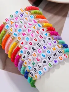 The 12 piece set of colorful soft ceramic bracelets with English names is suitable for daily wear, vacation dates, and other occasions. It is also a surprising and exquisite small gift, Layered bracelet set
