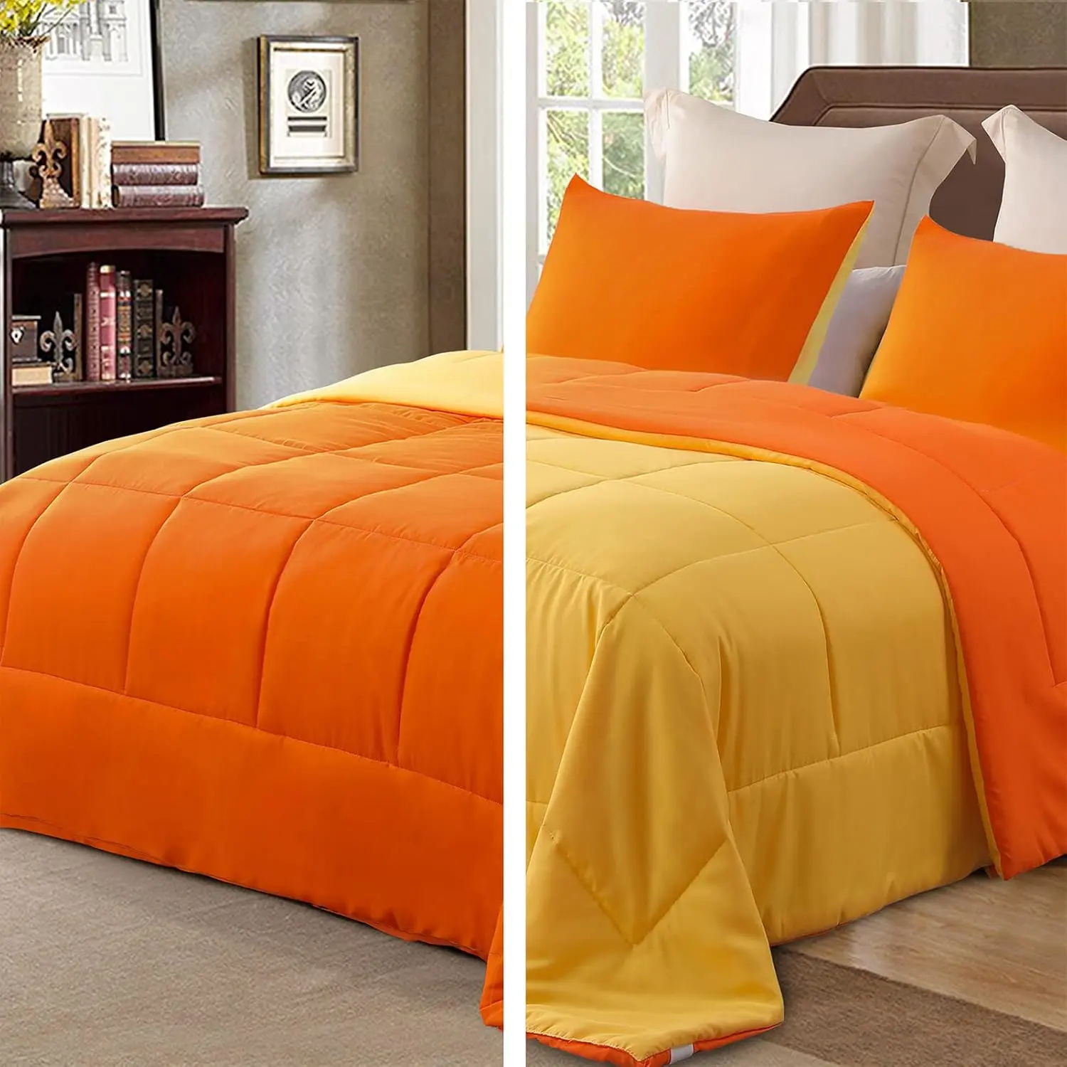 Lightweight Queen Size Comforter, Down Alternative Comforter with 2 Pillow Sham, Queen Size for Seasons, Orange/Yellow