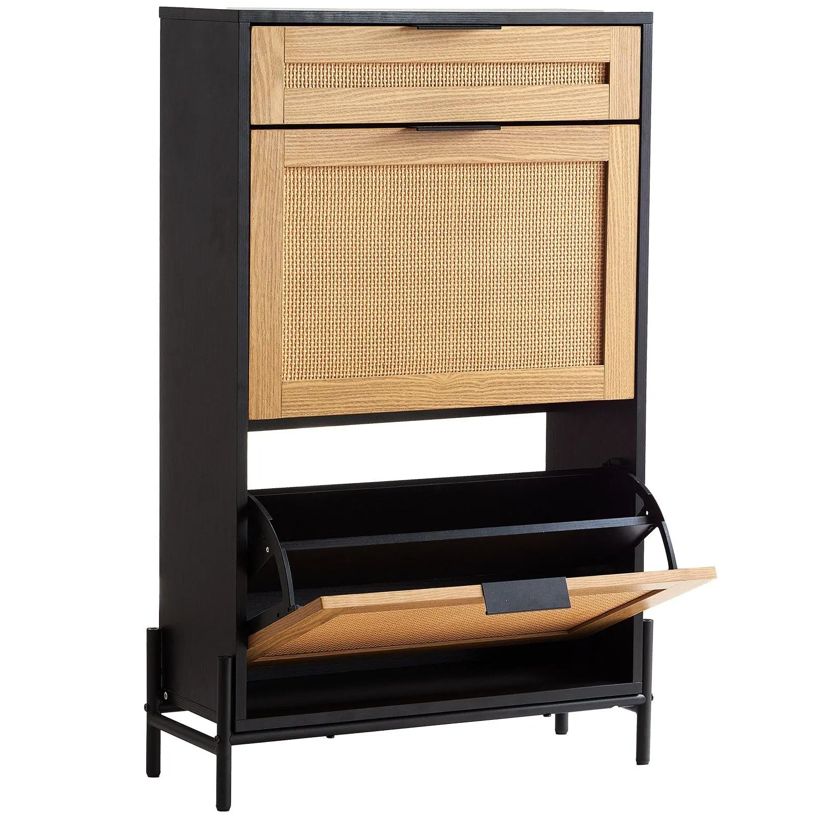 VEVOR Rattan Shoe Cabinet,  Narrow Shoe Storage Organizer with 2 Flip Rattan Drawers & 1 Slide Drawer, Metal Legs, Slim Shoe Entryway Cabinet Ideal for Entryway, Closet, Hallway, Black