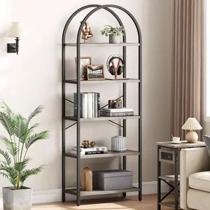 Grey Industrial 5-Tier Arch-Shaped Rack - Metal Steel Frame, High-Density MDF Adjustable Shelves, Adjustable Legs, Multilayer Storage Display Shelf for Living Room, Home Office Room Accessories