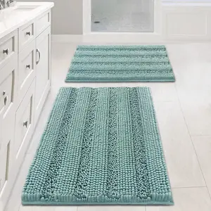H.VERSAILTEX Black Bathroom Rug Set, Extra Thick Striped Bath Mats for Bathroom Floor 2 Piece, Bath Mat Set Anti-Slip Soft Plush Chenille Shower Rugs for Bathroom Waterproof