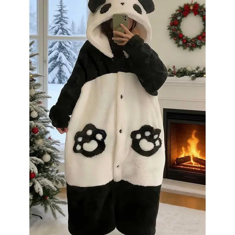 Women’s Ultra Soft Plush Panda Hooded Fleece Robe with 3D Ears & Paw Pockets Cozy Button-Down Long Pajama Coat for Home Gifts Festive Nightwear Women’s Ultra Soft Plush Panda Hooded Fleece Robe with 3D Ears & Paw Pockets Cozy Button-Down Long Pajama Coat for Home Gifts Festive Nightwear