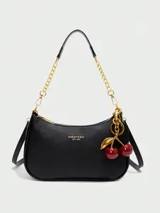 New Fashion Classic Letter Pattern Shoulder Bag, Cherry Pendant Decoration, Crossbody Crescent Bag for Women, Autumn Winter New Arrival, Elegant Bags