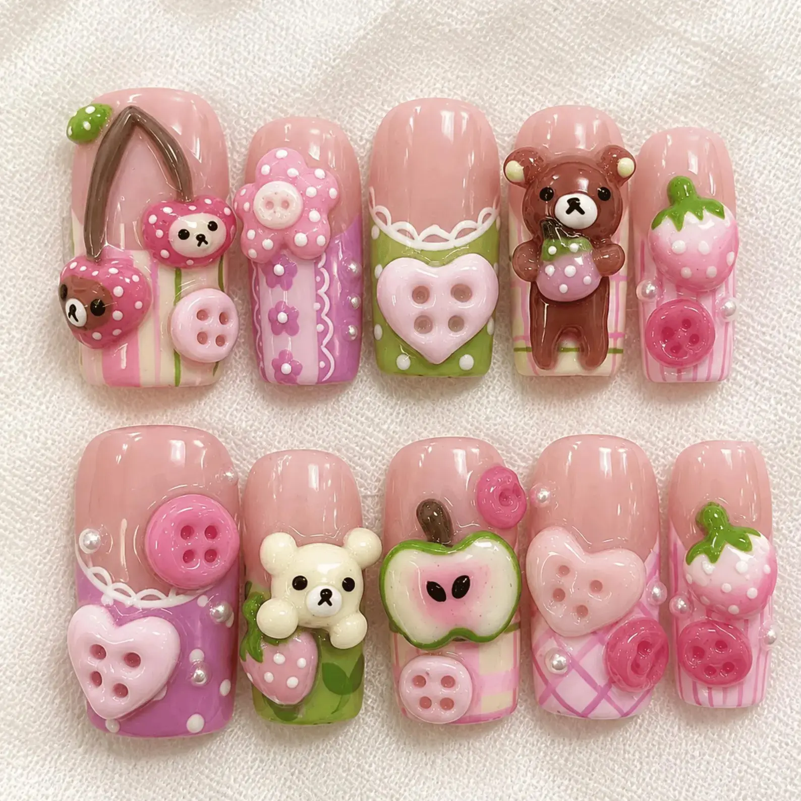 Kawaii Bear Strawberry Press On Nails, 3D Cute Pink Fruit Nails, Handmade Japanese Fake Nails