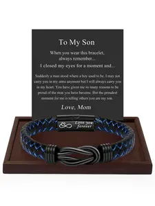 1PC Unique Christmas Gift for Son, Birthday Gifts for Son from Mom Leather Bracelets, Leather Braided Bracelet, Knotted Bracelets Jewelry for Son from Dad & Gift Card, Bracelet for Daily Wear Gift for Son