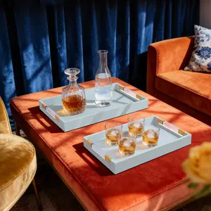 2 Pack Large Ottoman Tray Shagreen Decorative Tray Serving Tray with Acrylic Gold Handles, Ice Blue Vegan Leather Coffee Table Tray for All Occations Home Decor(Light Aqua)