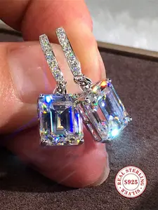 S925 Sterling Silver Emerald Cut Square Zircon Leverback Earrings for Women, Luxury Inlaid Diamond Ear Clips, Sparkling Dangle Earrings for Wedding, Party & Daily Wear