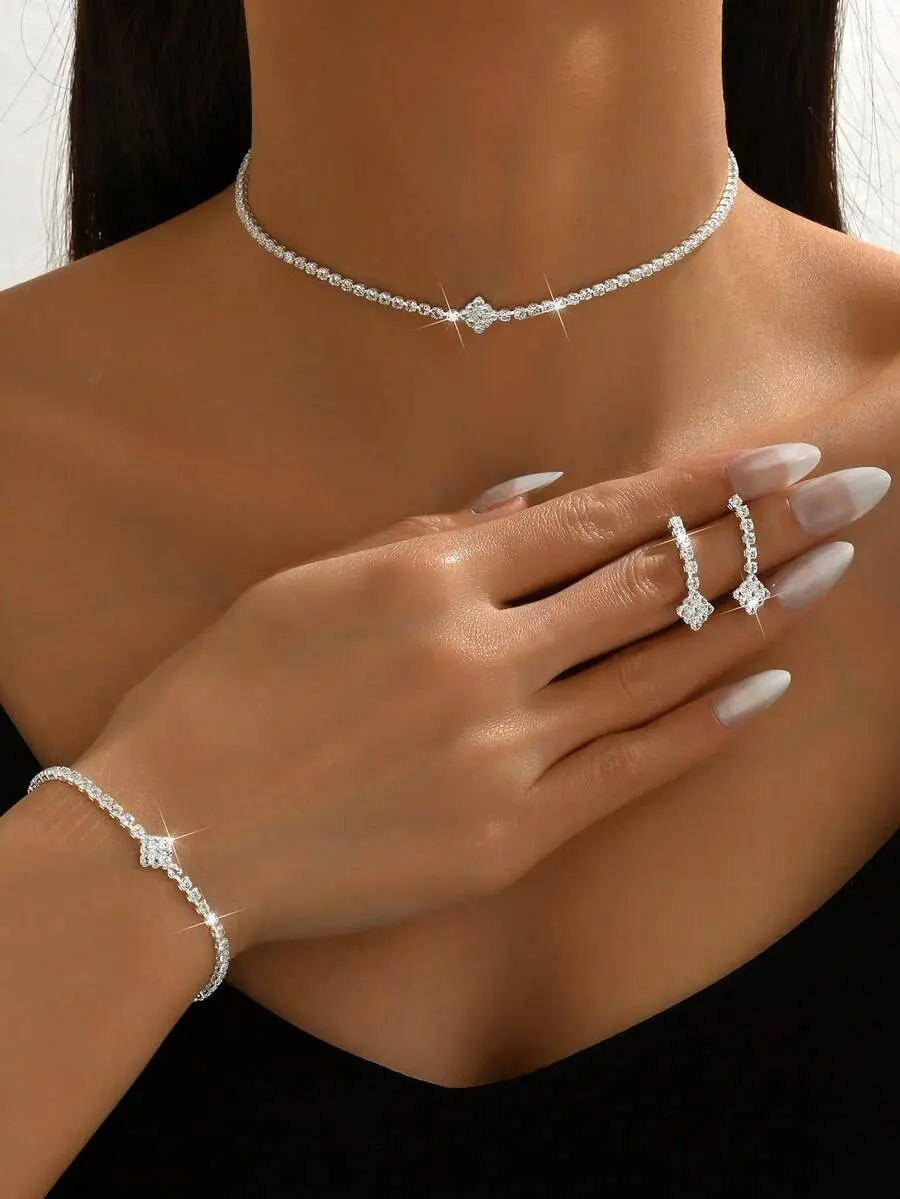 4pcs Women's Elegant Jewelry Set Include Necklace, Earrings, Bracelet, Suitable For Party, Bride, Thanksgiving Season Valentine's Day Accessories