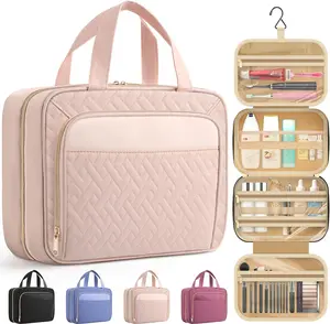 Travel Toiletry Bag for Women & Men, Waterproof Makeup Bag with Hanging Hook and Multiple Pockets, Cosmetic Bags for Women, Travel Essentials, 11.2'' x 3.2'' x 8.9'', Pale Pink