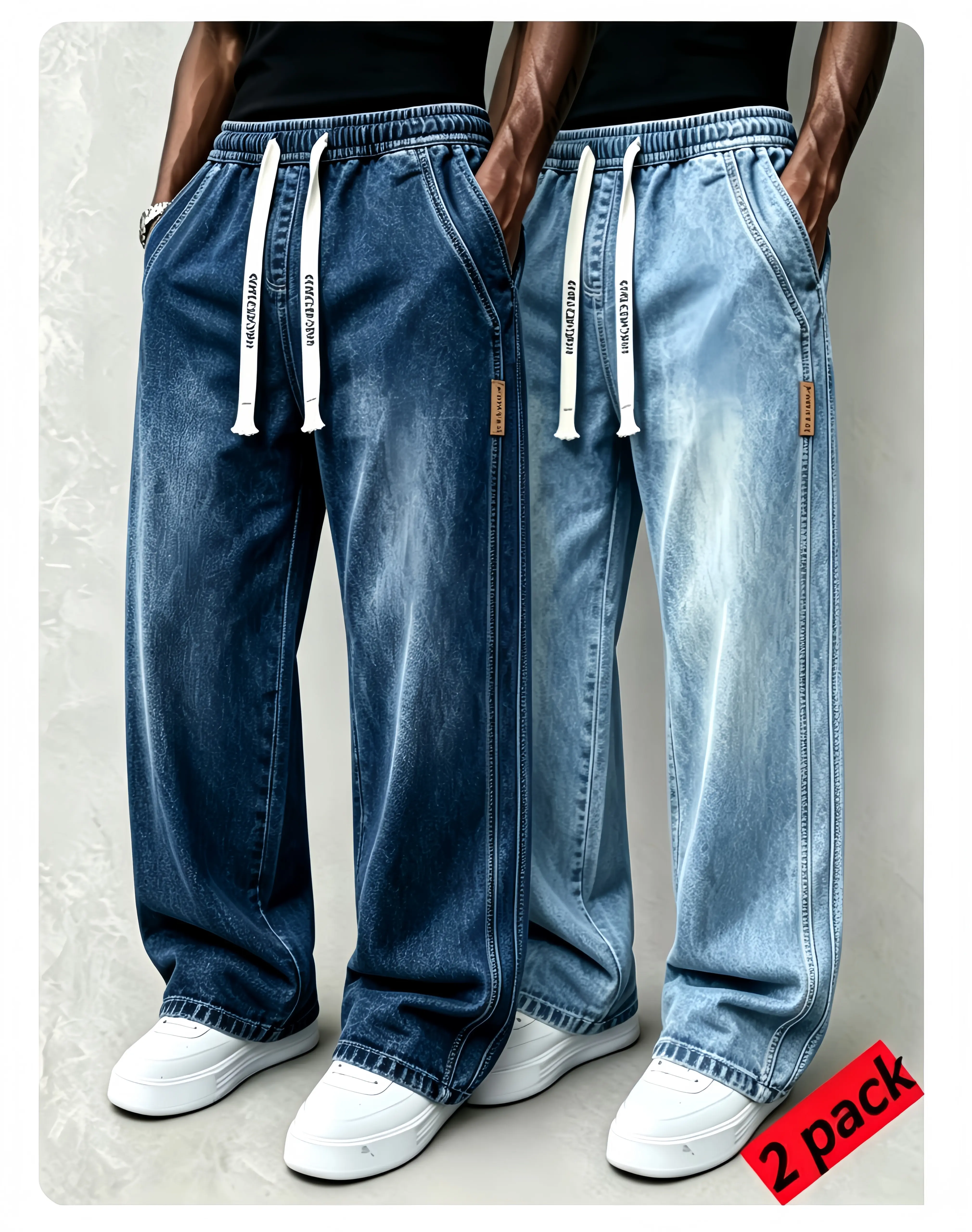 2pcs Men's Drawstring Elastic Waist Straight‑Leg Jeans, Plain Versatile Non‑Stretch Denim Pants & Vintage Washed Stretch Denim Jeans, Relaxed Straight‑Leg Fit, Drawstring Pull‑On Design, All‑Season Regular Everyday Long Pants, Casual Versatile Daily Wear