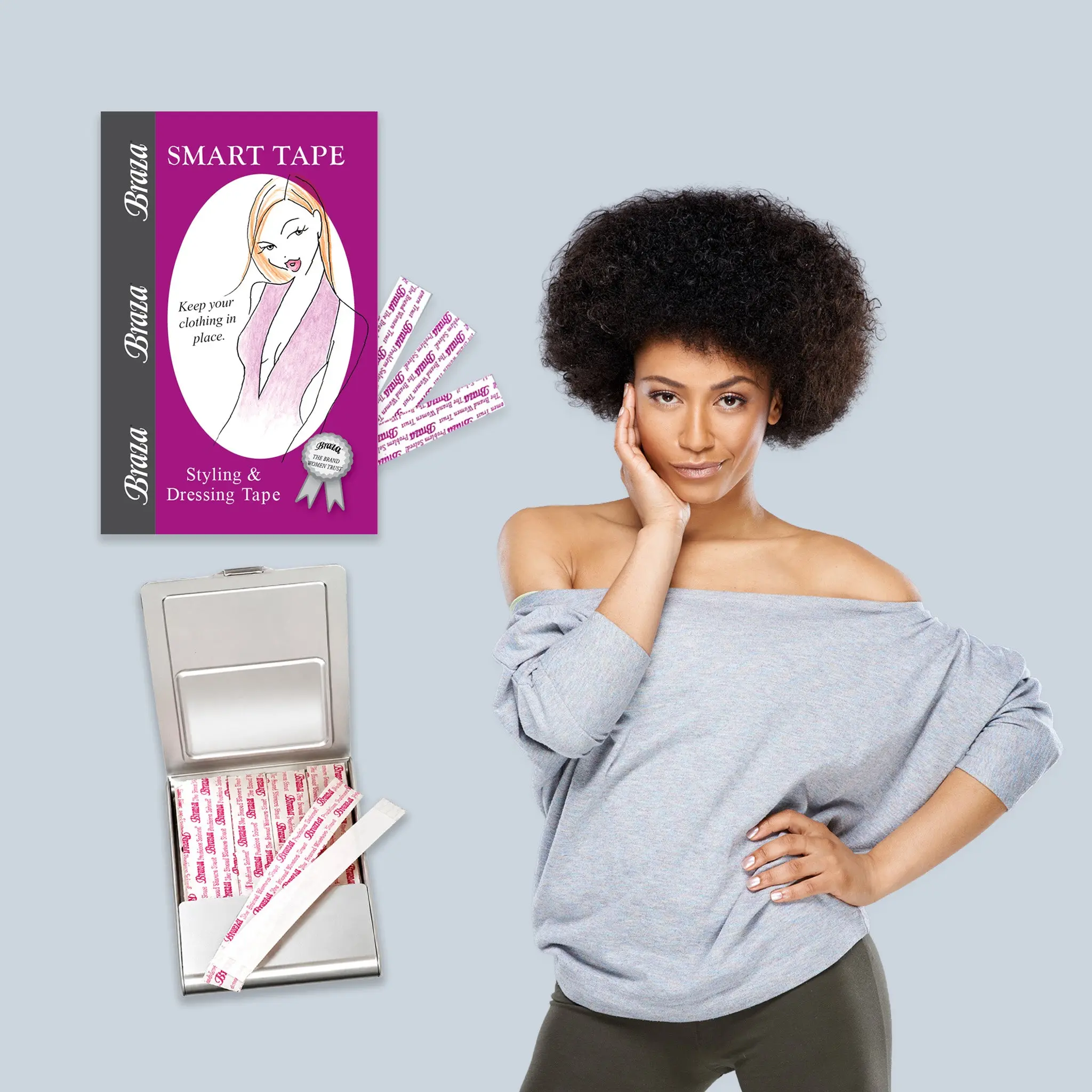 Women's Bra Accessories Smart Tape® Compact - Transparent Double-Sided Adhesive Strips, Purse Friendly, Packaged in Recycle Box
