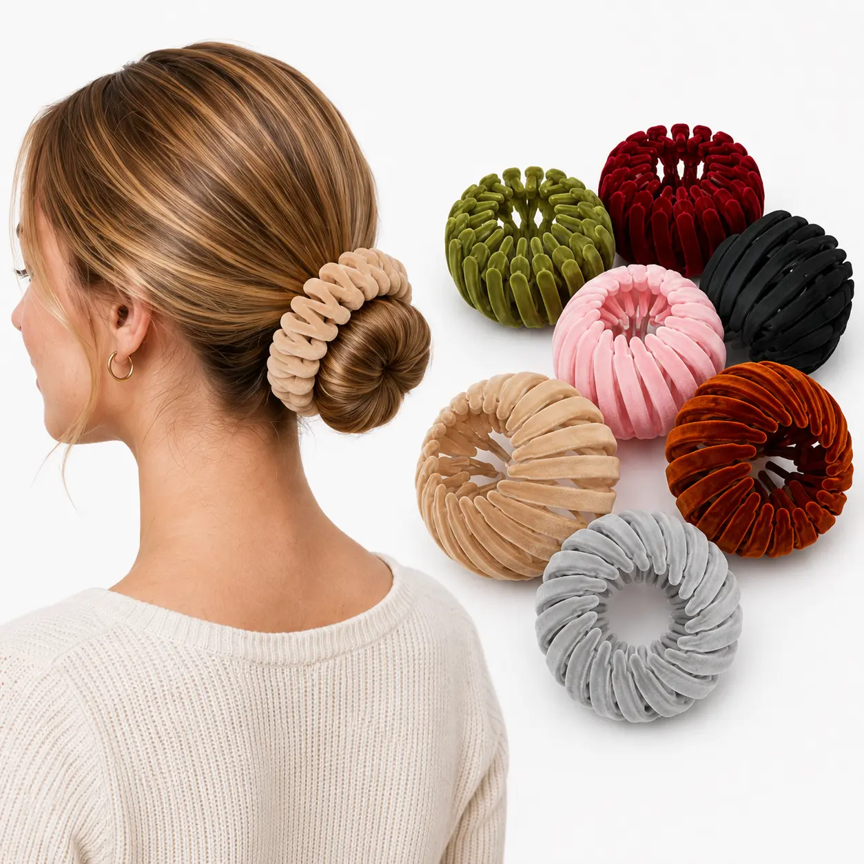 7Pcs Velvet Hair Bun Maker Clips, Bird Nest Magic Hair Clips for Women, Stretchy Scrunchie Ponytail Holders, Easy Updo Hair Accessories for Thick or Thin Hair,Bridesmaid Hair Accessories, Wedding & Party Headpieces,Valentine's Day Gift