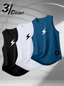 Men's 3-piece round neck vest, lightning bolt pattern screen printed clothing, slim fit to highlight muscles, multi-color set for gym exercise, daily layering, Athletic Style Activewear, contrasting print for lightning style enthusiasts, Workout Vest
