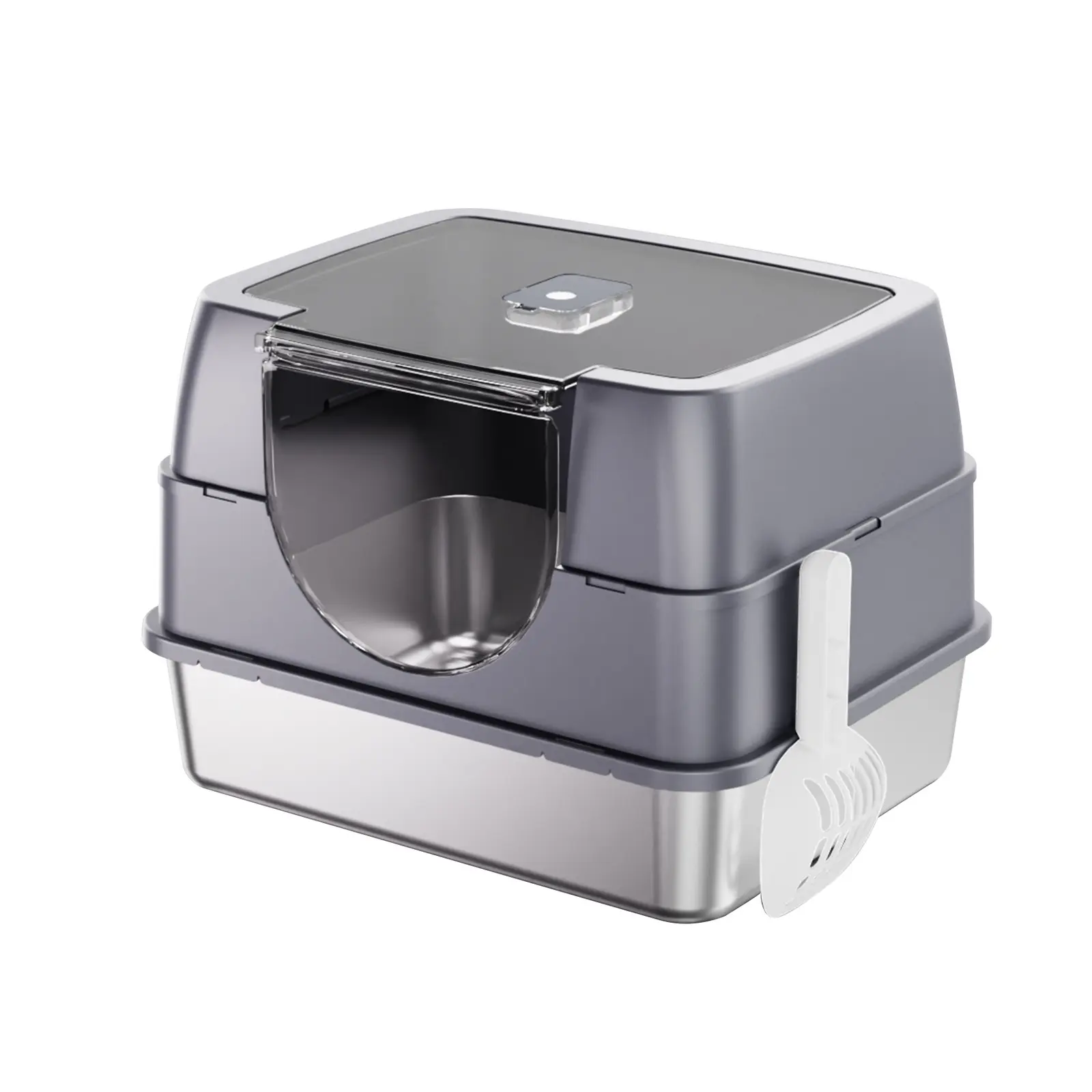Stainless Steel Cat Litter Box - Easy Setup, Enclosed Hood, Flip-Top Lid, Front Entry Door, Detachable Parts, Removable Metal Pan, Side Scoop Holder, 50x35x35cm, Hygienic Access, Grey/Beige Indoor Cat Bathroom for Home Use, Stainless Steel Litter Box