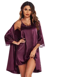 Ekouaer Women's Silk Robe Pajama Set 2-piece Sexy Lace Pajama Set, Silk Sexy Strap Skirt and Matching Rope Robe Pajama Set, s-XXL Comfort Satin