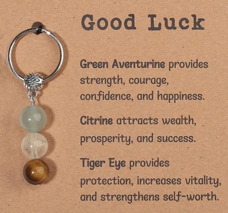 Small Crystal Keychain with Natural Tiger Eye, Citrine & Green Aventurine - Round Solid Beads for Anxiety Relief, Positive Vibes & Self Love, Small Keychain, Casual Wear, Round Shape, Natural Crystal