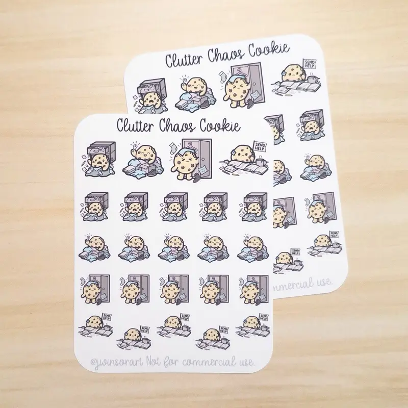 Clutter Chaos Cookie Sticker Sheet – Cute Messy Room Planner Stickers for Hobonichi, Bullet Journal, Scrapbooking