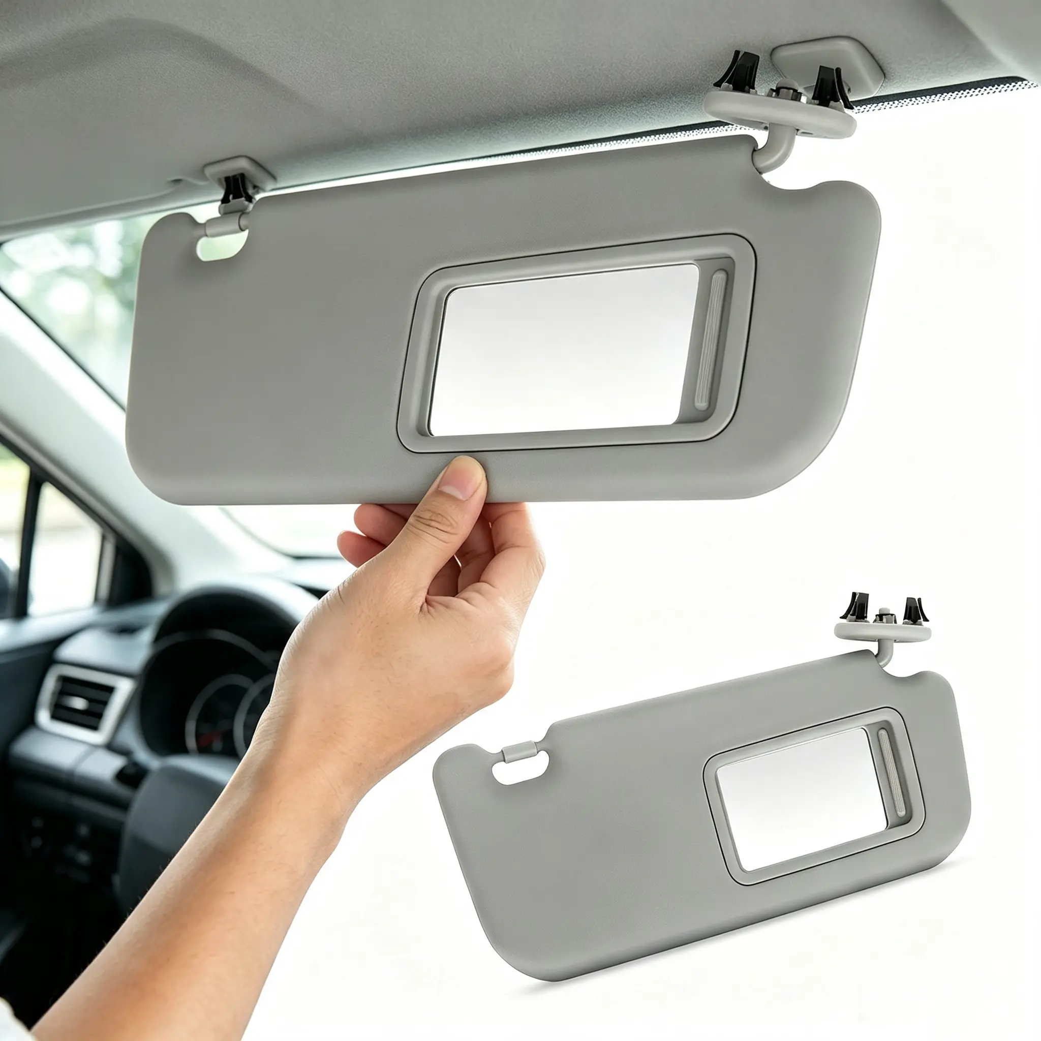 Gray Front Sun Visor Pair for Toyota Yaris 2007-2011, Left Driver & Right Passenger Side, Sun-Protective, with Mirror, Easy to Install