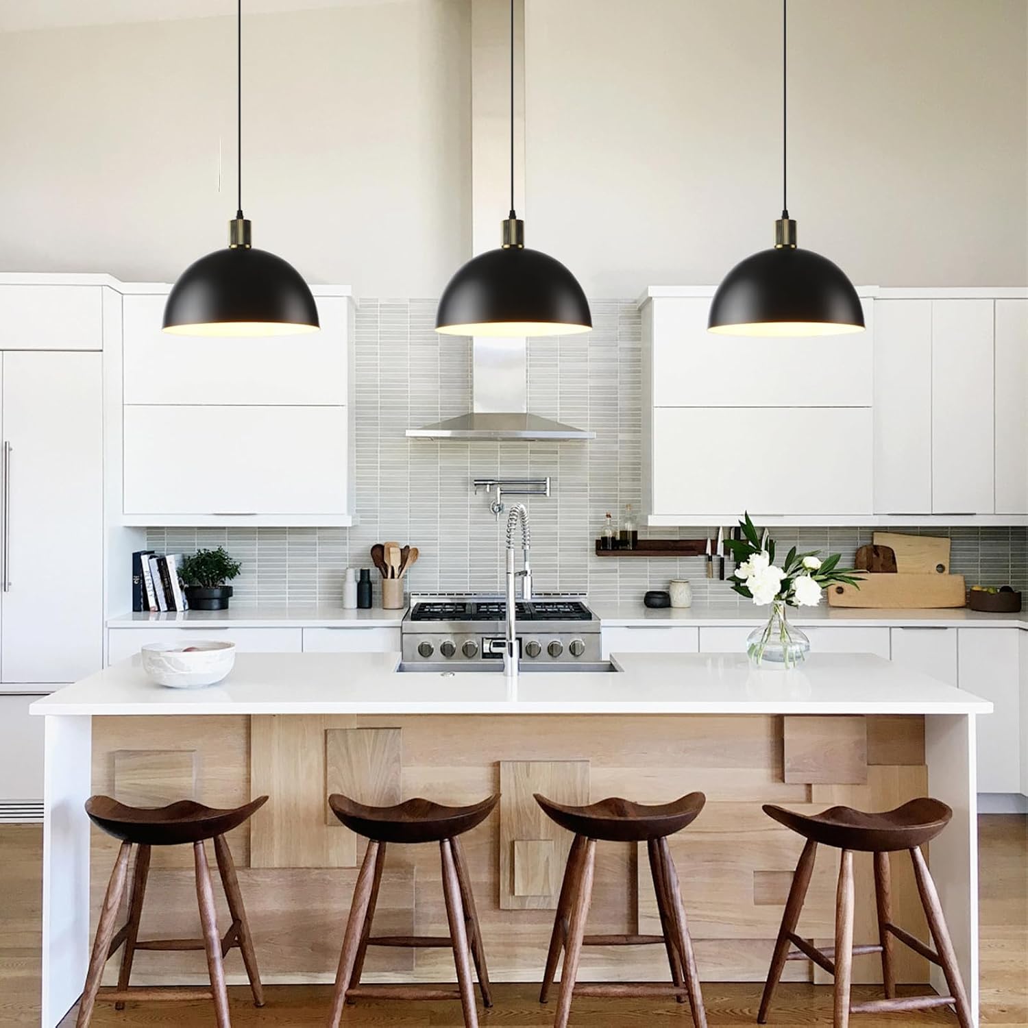 Black Pendant Lights Kitchen Island, 11.8" Modern Dome Farmhouse Hanging Lighting for Dining Room Hallway Entryway