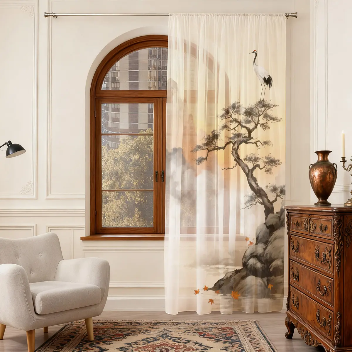 1pc ink wash crane pattern, Chinese-style yarn curtain, suitable for all seasons, transparent yarn curtain, breathable polyester fabric, decorative rod pocket for living room and bedroom, soft and elegant vertical pattern, privacy semi-transparent yarn cu