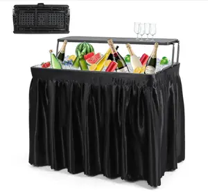 4 ft Folding Ice Cooler Table, Party Cooler, Grazing Table, Tables with Drain, Party Tables, with Matching Skirt, Storage Shelf (Black)