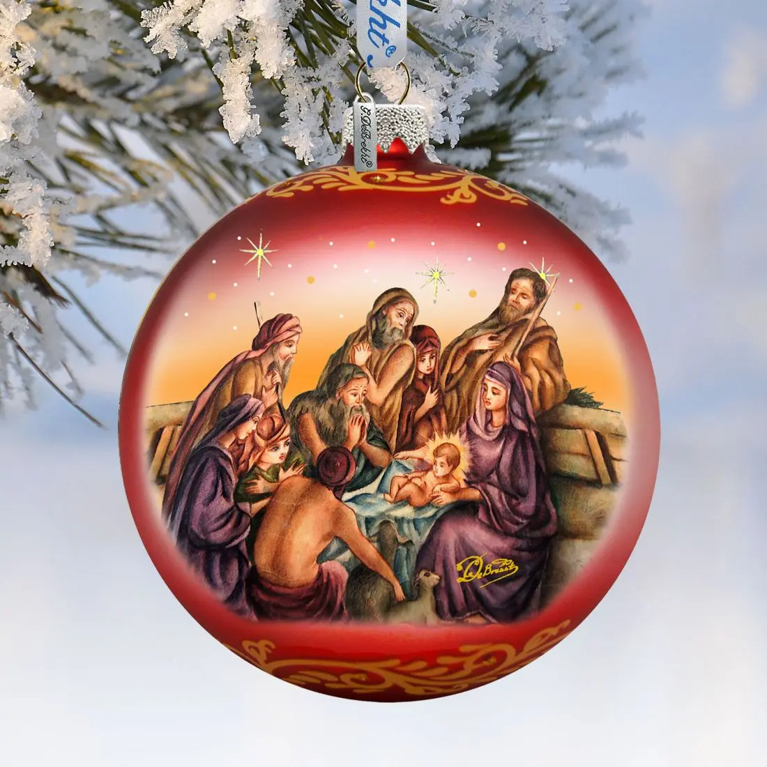G.DeBrekht 73881R Hand-Painted Satin Christmas Nativity Glass Ornaments, 5x5.5 in. Nostalgic Family Festive Home Decor