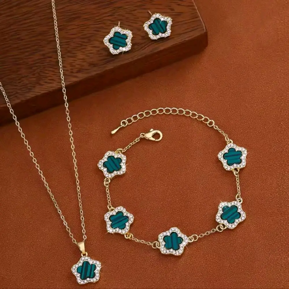 Clove Style Necklace Bracelet and Studs Full Set Gold-Tone Floral Design Jewelry Set️